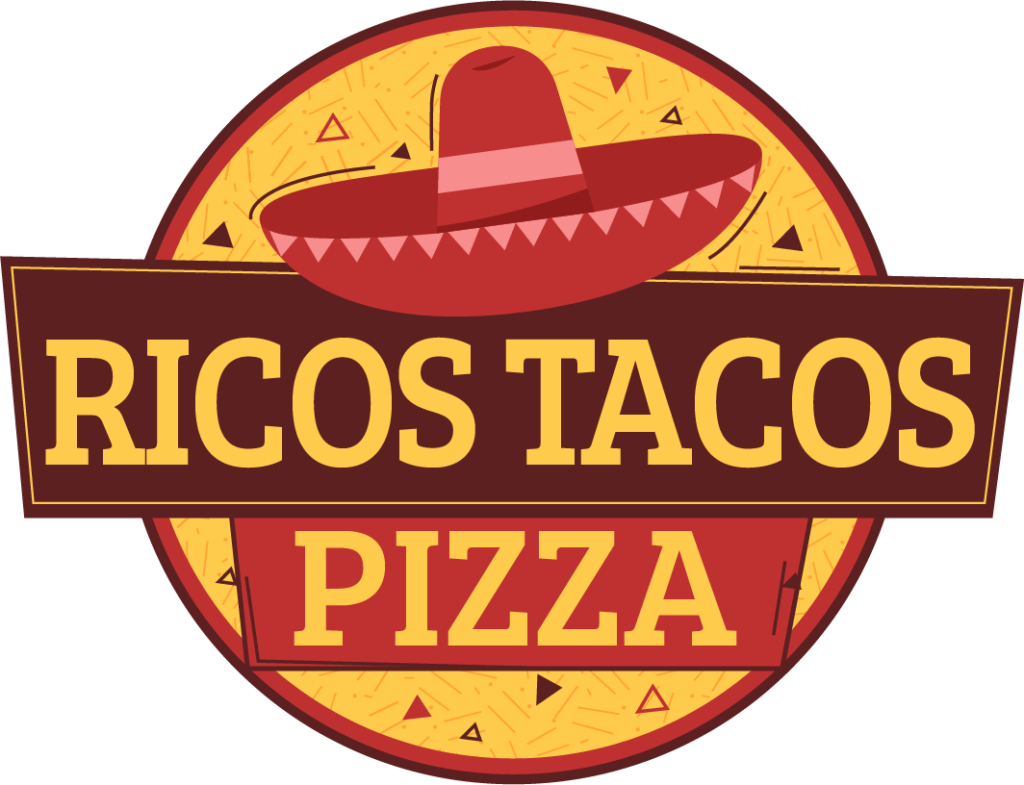 Logo rond Ricos Tacos Pizza avec mascotte au sombrero
