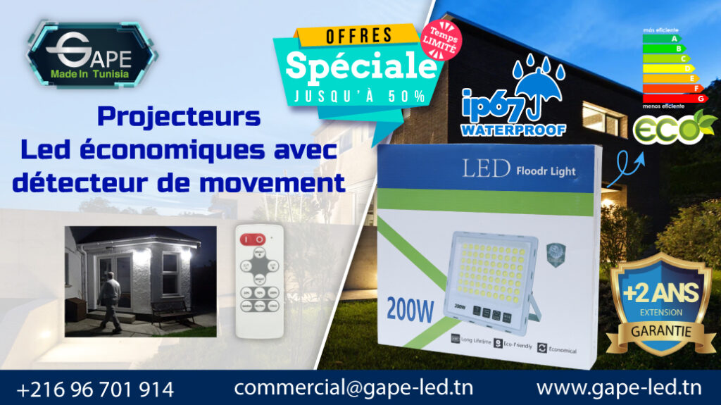 Bannière promotionnelle GAPE pour projecteurs LED avec détecteur de mouvement