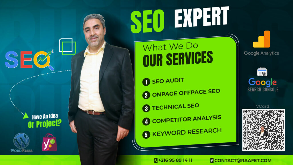 Bannière réseaux sociaux présentant les services SEO expert de Raafet