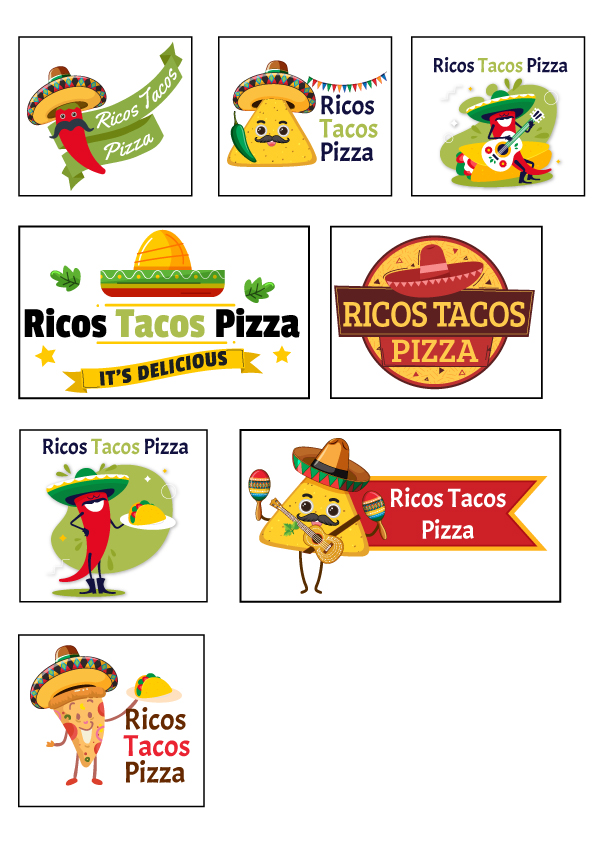 Déclinaisons du logo Ricos Tacos Pizza avec mascotte