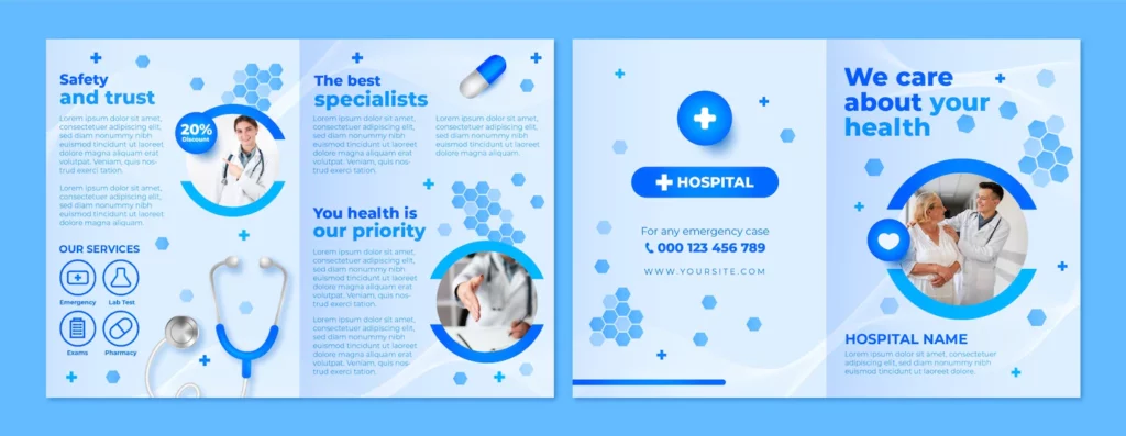 Modèle de brochure trois volets pour le secteur de la santé, dégradé bleu