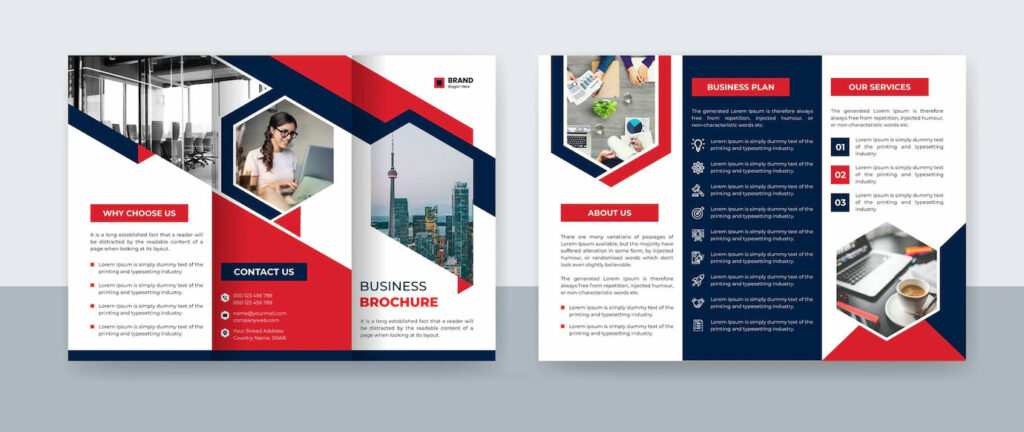 Modèle de brochure trois volets pour entreprise, rouge et bleu