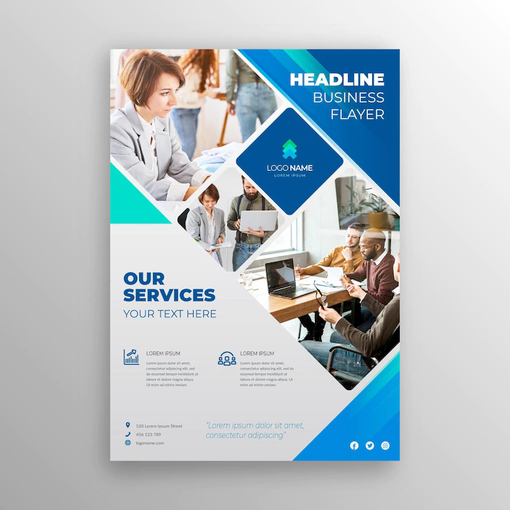 Modèle de flyer corporatif bleu avec photo d'équipe professionnelle