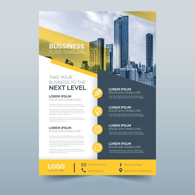 Modèle de flyer business avec skyline urbain, fond jaune et gris