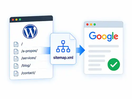 Illustration d'un sitemap XML WordPress transmis à Google pour l'indexation